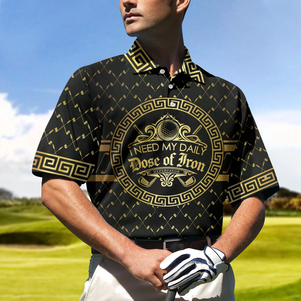 I Need My Daily Dose Of Iron Black & Gold Polo Shirt, Luxury Golden Greek Golf Shirt For Men Coolspod