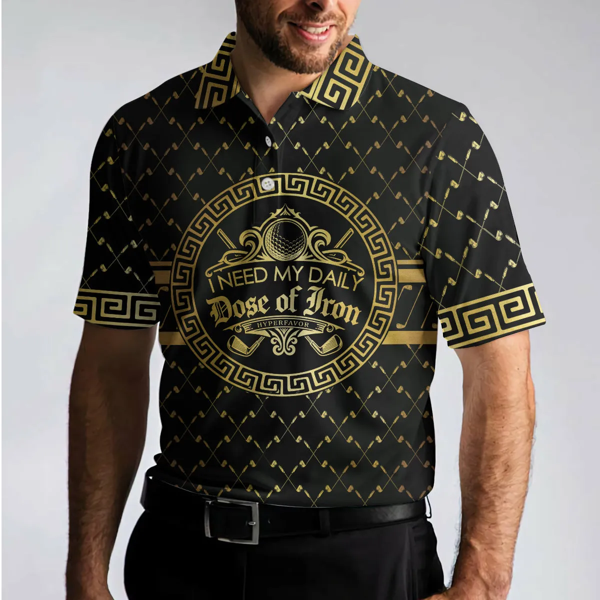 I Need My Daily Dose Of Iron Black & Gold Polo Shirt, Luxury Golden Greek Golf Shirt For Men Coolspod