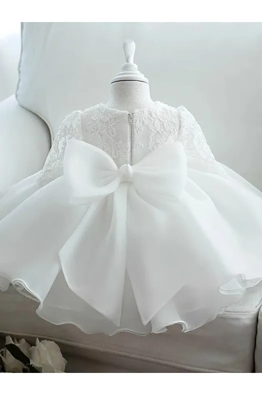 Ivory Ball Gown Tulle Flower Girl Dress with Sleeve, Princess Children Dress with Lace UQF0009