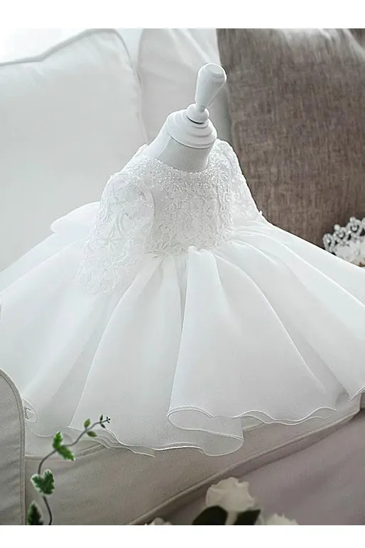 Ivory Ball Gown Tulle Flower Girl Dress with Sleeve, Princess Children Dress with Lace UQF0009