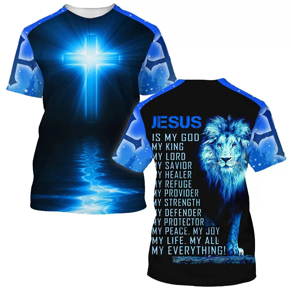 Jesus Is My God My King My Lord Lion Cross Light 3d T-Shirts - Christian Shirts For Men&Women