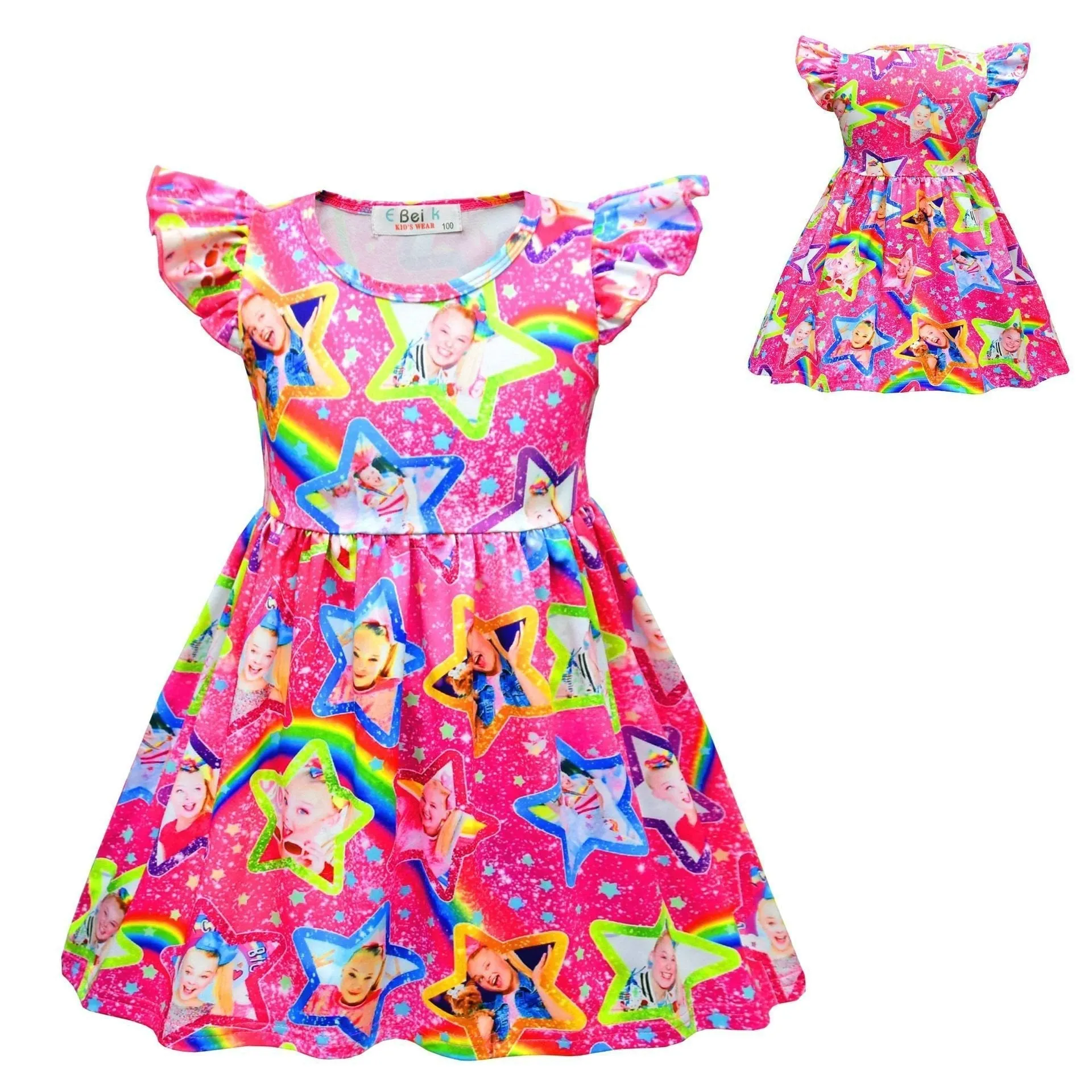 JoJo Siwa Cute Girls Costume Cartoon Unicorn Ruffle Sleeve Dresses Gift