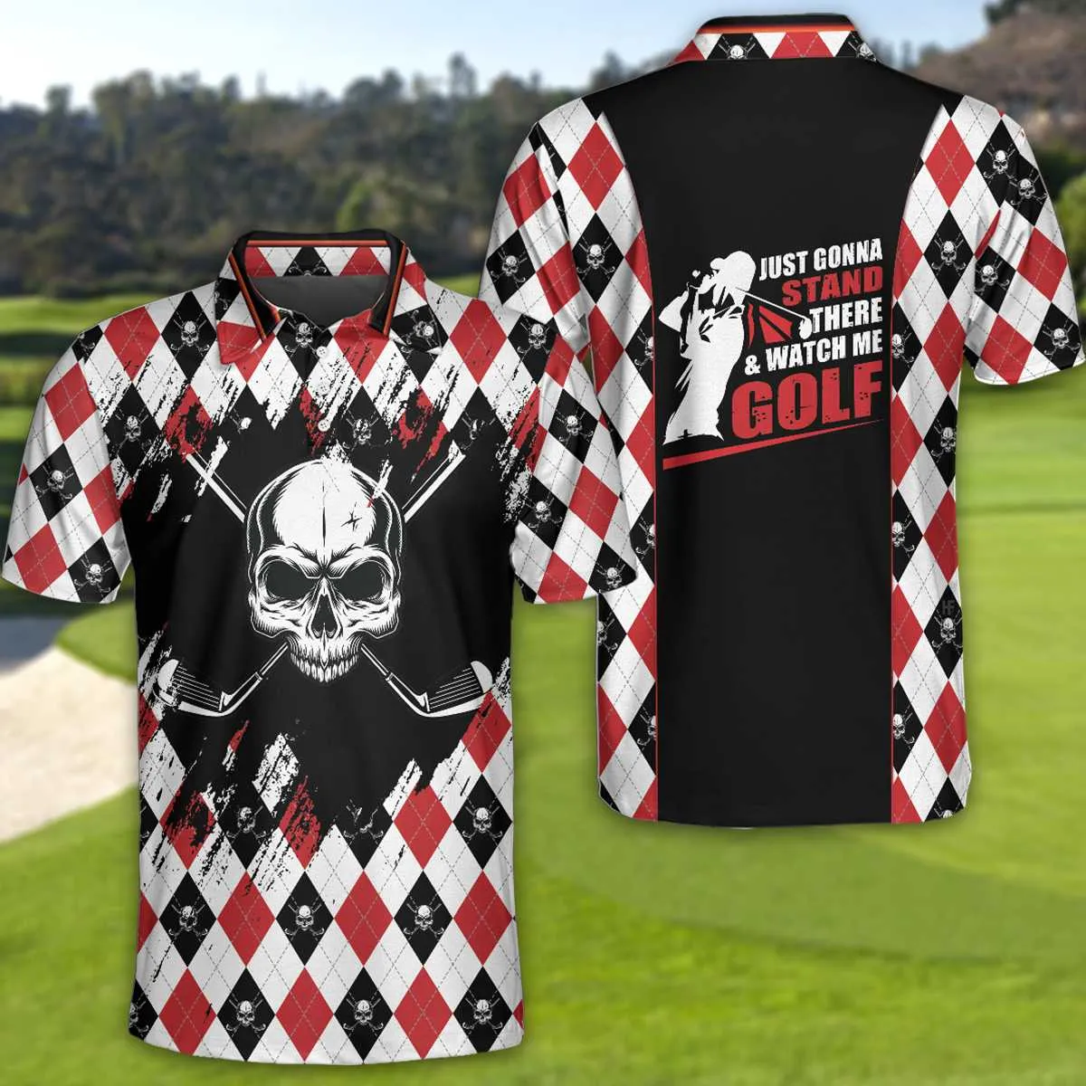 Just Gonna Stand There And Watch Me Golf Polo Shirt, Argyle Pattern Skull Golf Shirt For Men Coolspod