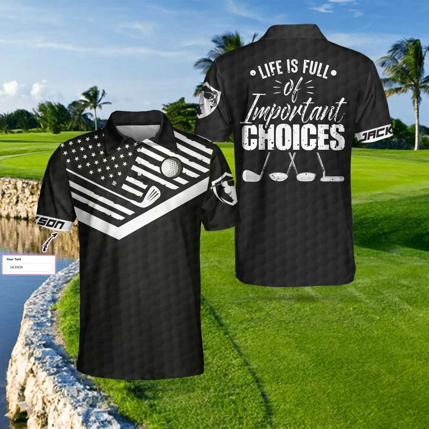 Life Is Full Of Important Choices New Custom Polo Shirt, Personalized Black Golf Pattern American Flag Polo Shirt, Best Golf Shirt For Men Coolspod