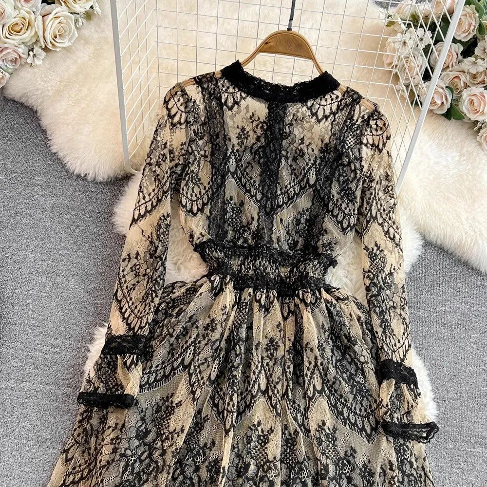 long-sleeved A-line lace dress elegant long skirt     S4243