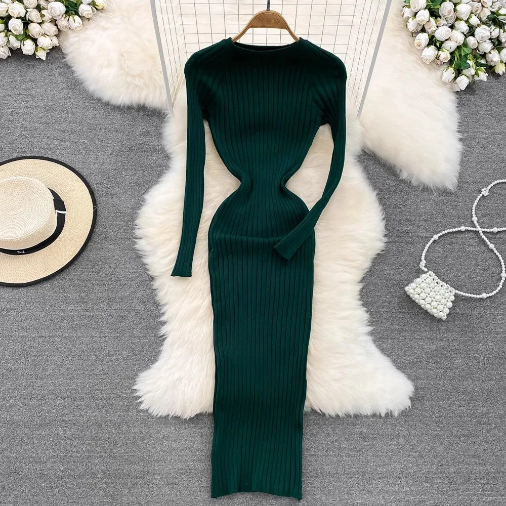 long-sleeved round neck  knitted dress sweater skirt     S4197