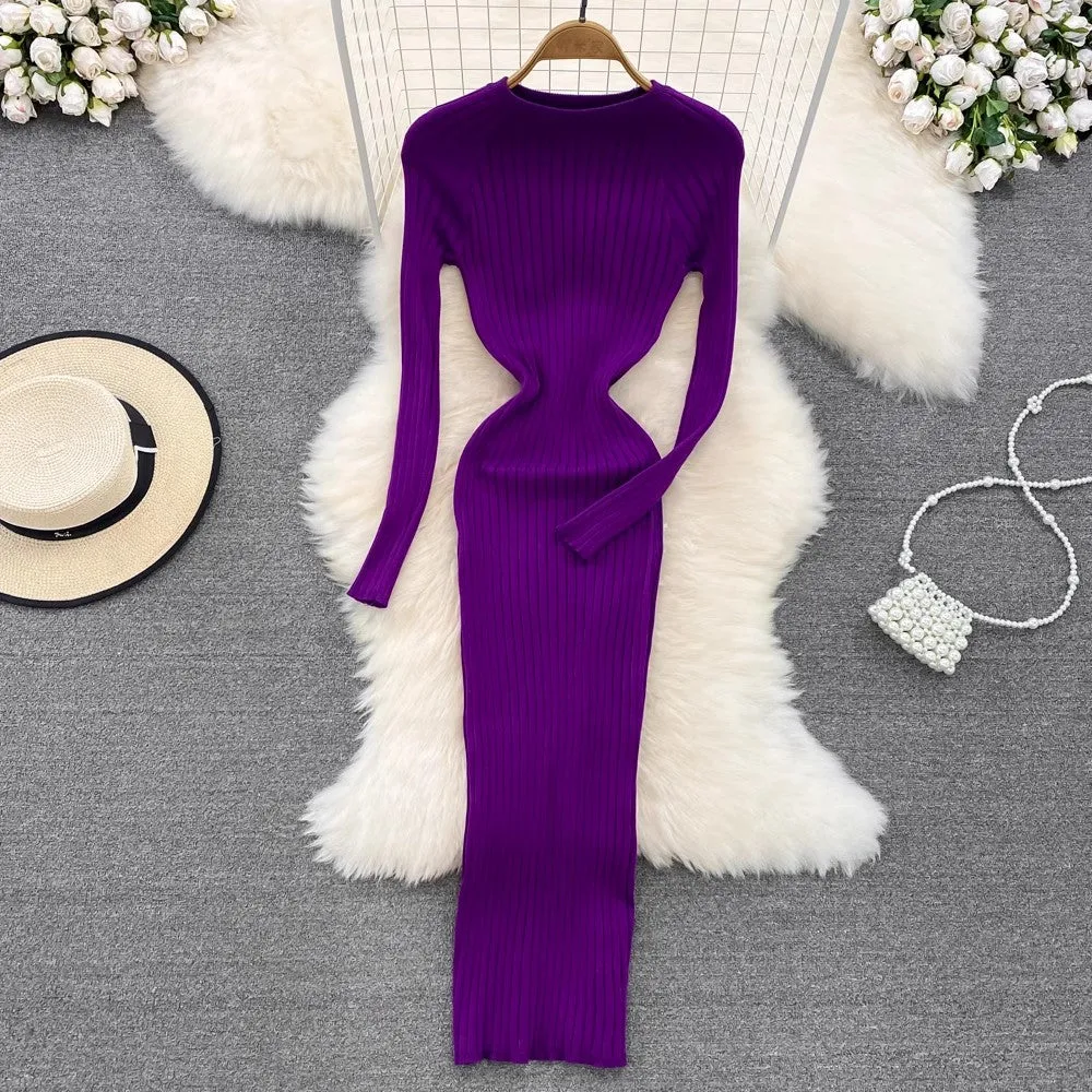 long-sleeved round neck  knitted dress sweater skirt     S4197