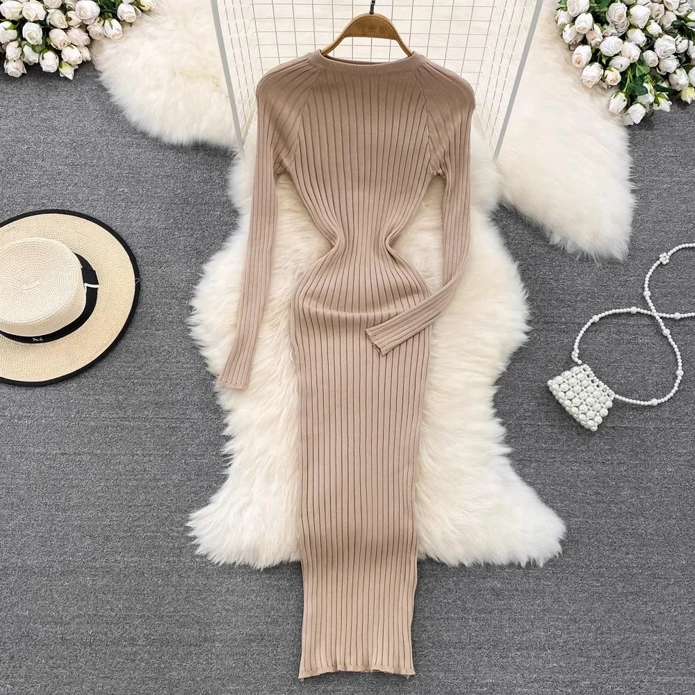 long-sleeved round neck  knitted dress sweater skirt     S4197