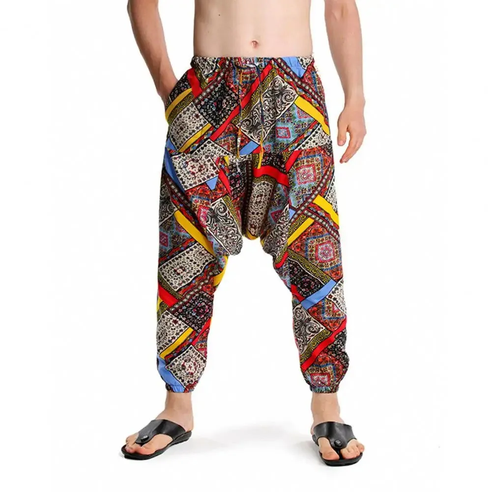 Men Baggy Boho Gypsy Cargo Pants Fashion Print Large Crotch Ankle Tied Streetwear Bottoms Trousers Boho Pants