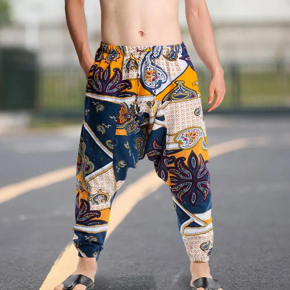 Men Baggy Boho Gypsy Cargo Pants Fashion Print Large Crotch Ankle Tied Streetwear Bottoms Trousers Boho Pants