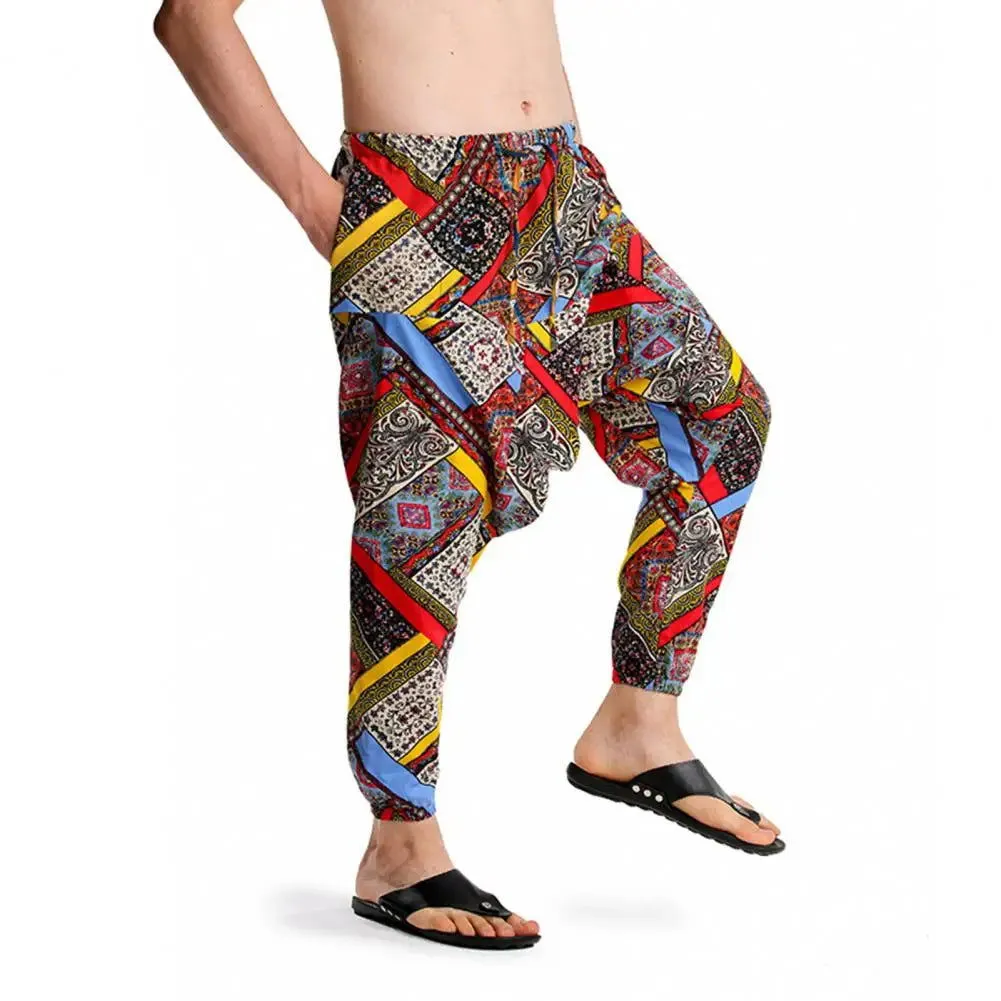 Men Baggy Boho Gypsy Cargo Pants Fashion Print Large Crotch Ankle Tied Streetwear Bottoms Trousers Boho Pants