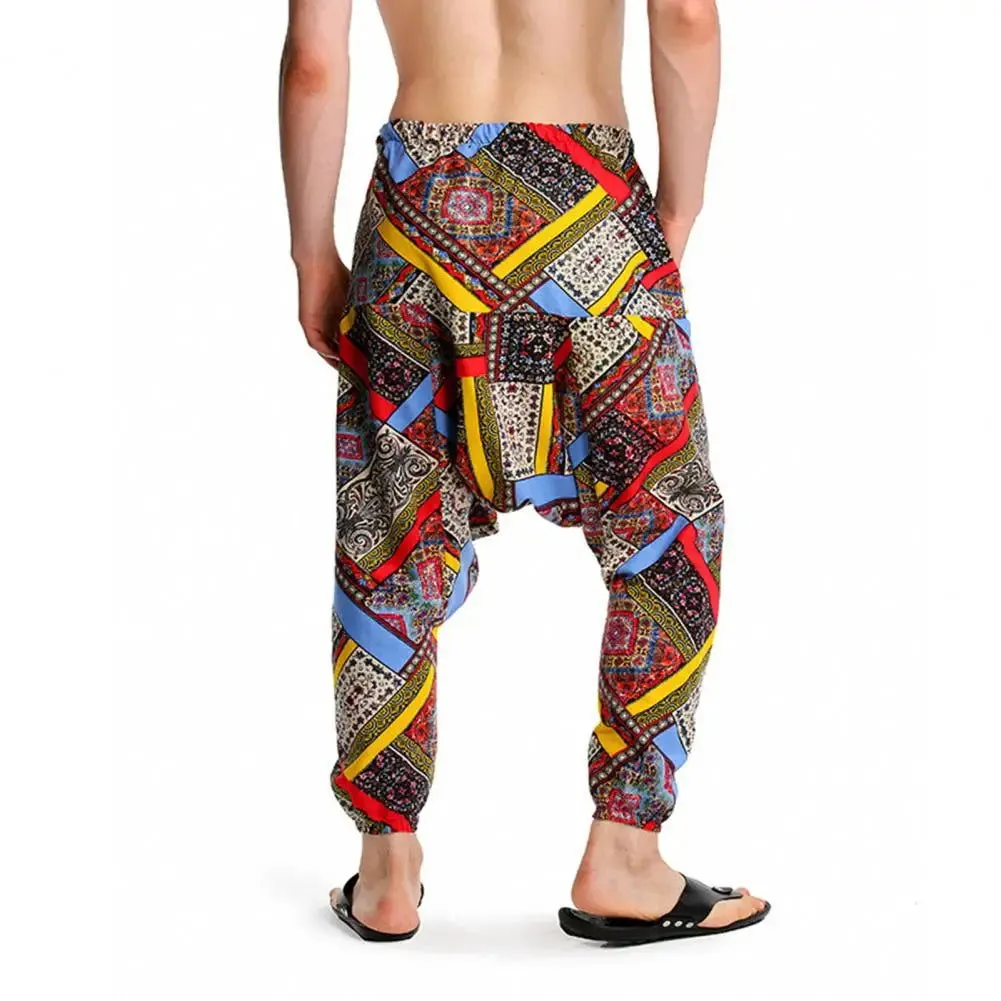 Men Baggy Boho Gypsy Cargo Pants Fashion Print Large Crotch Ankle Tied Streetwear Bottoms Trousers Boho Pants