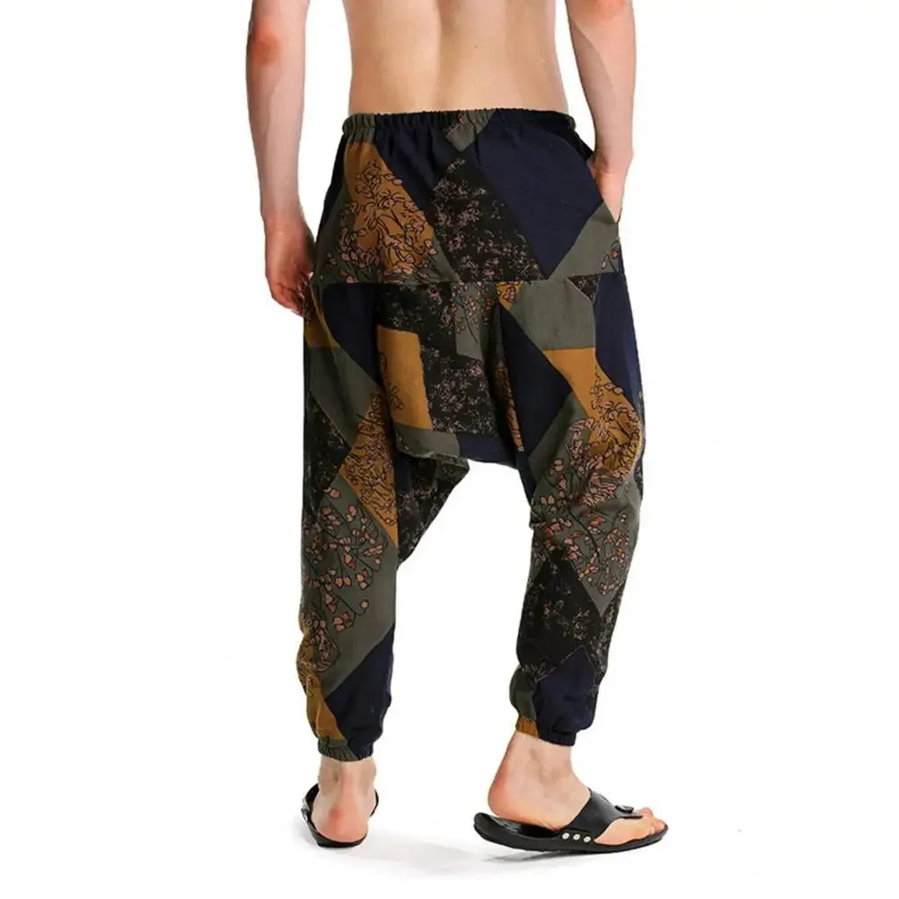 Men Baggy Boho Gypsy Cargo Pants Fashion Print Large Crotch Ankle Tied Streetwear Bottoms Trousers Boho Pants