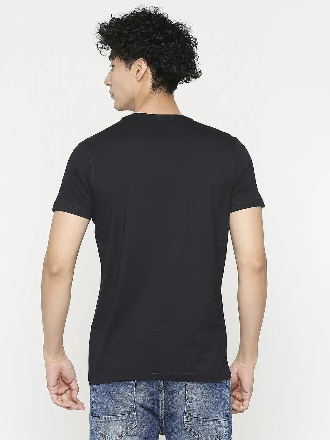 Men Premium Navy Blue Cotton Half Sleeve Printed Tshirt- Underjeans By Spykar