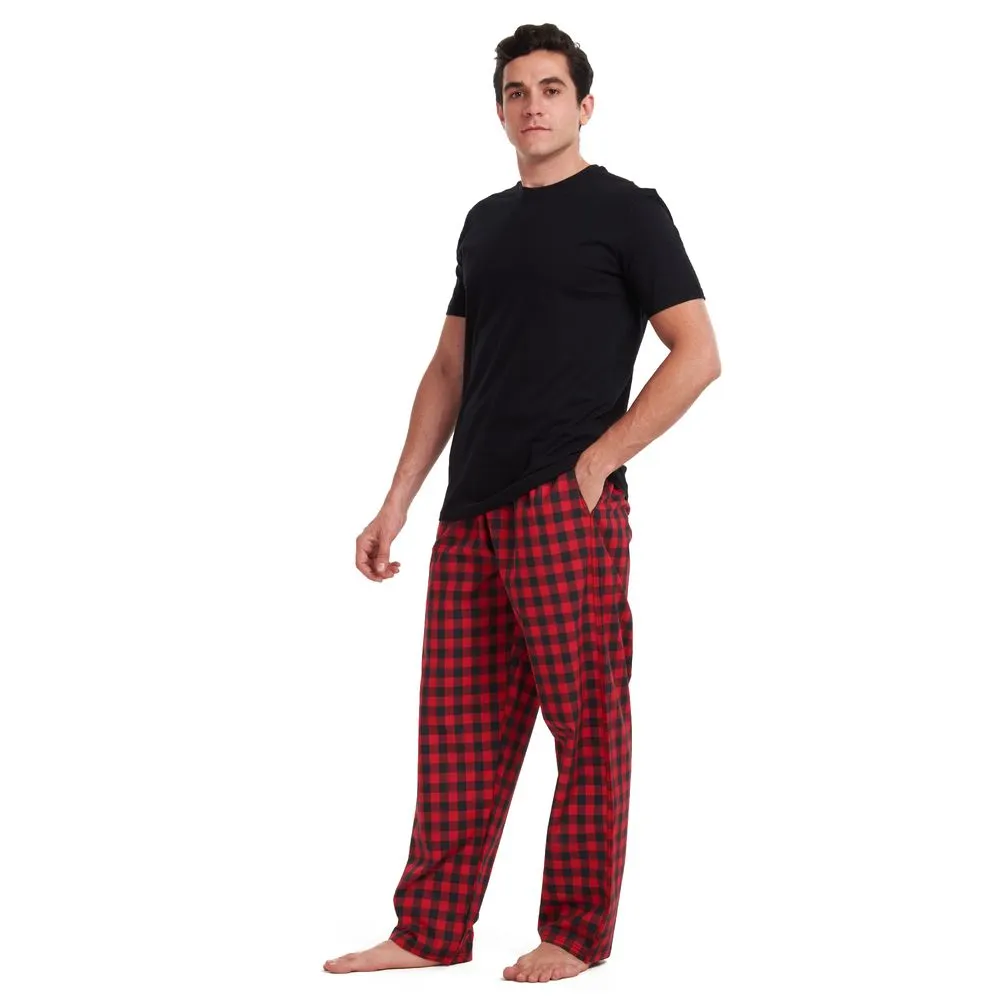 Men summer pajama set Black T-shirt  Red checkered pants