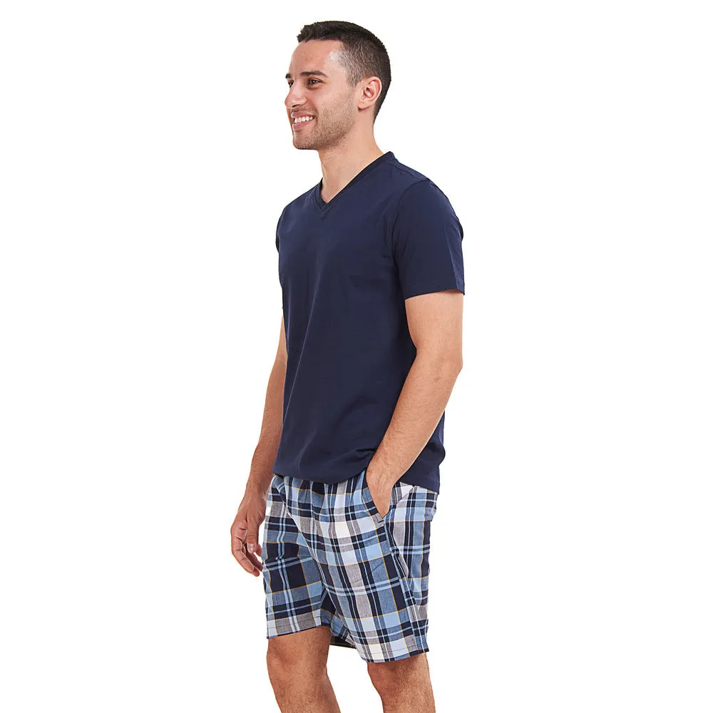 Men summer pajama set Dark Blue T-shirt  Light Blue x Dark Blue Checkered short