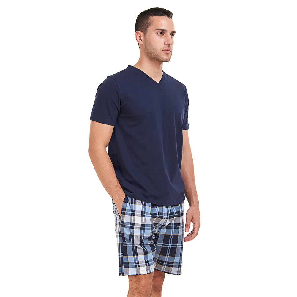 Men summer pajama set Dark Blue T-shirt  Light Blue x Dark Blue Checkered short