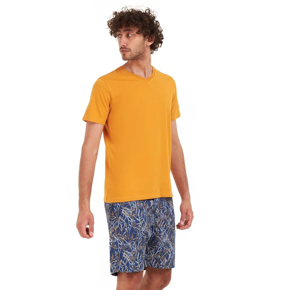 Men summer pajama set Mustard T-shirt   Dark blue x Havane short