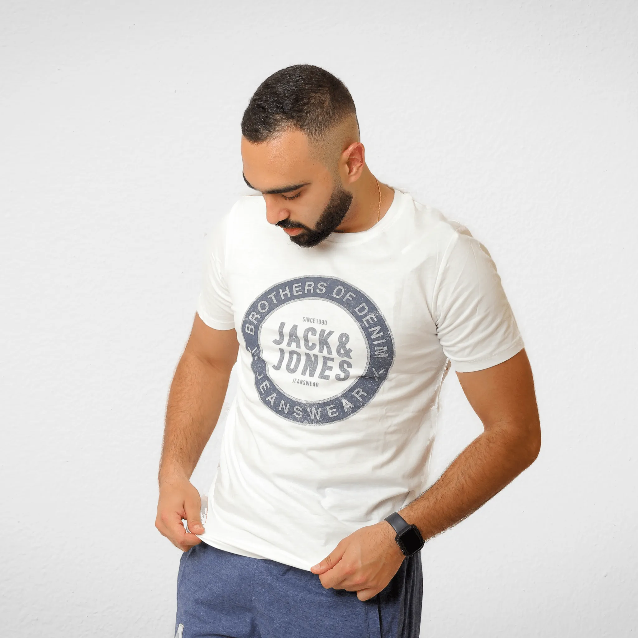 Men Tshirt - J&J - White x Dark Blue (Round Logo)