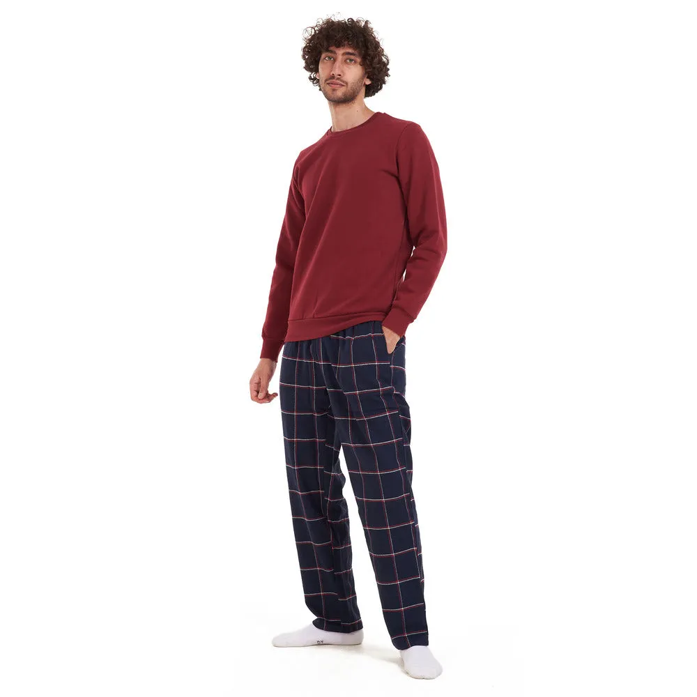 Men Winter Pajama Set Dark Red Shirt   Dark Red Checkered Pants