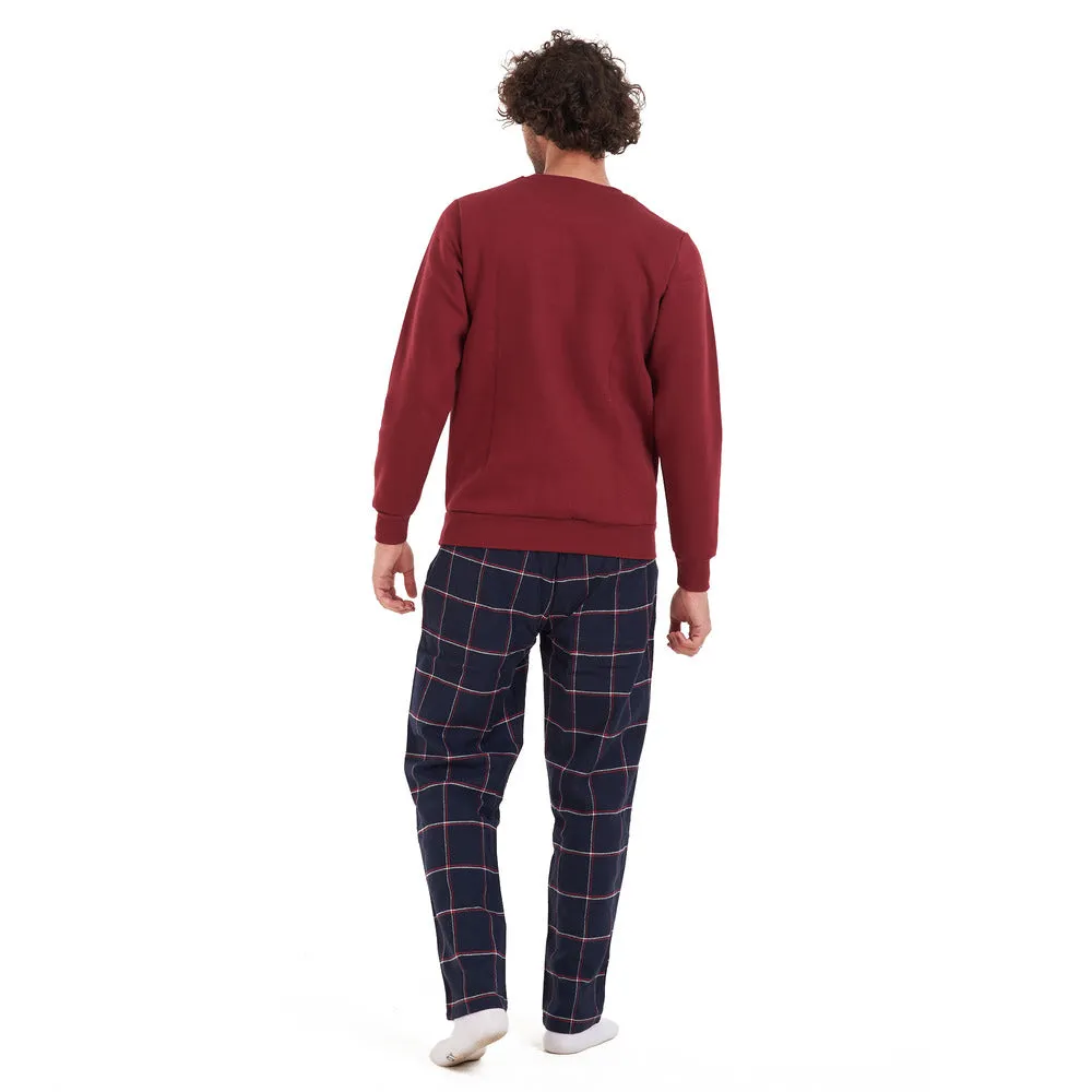 Men Winter Pajama Set Dark Red Shirt   Dark Red Checkered Pants