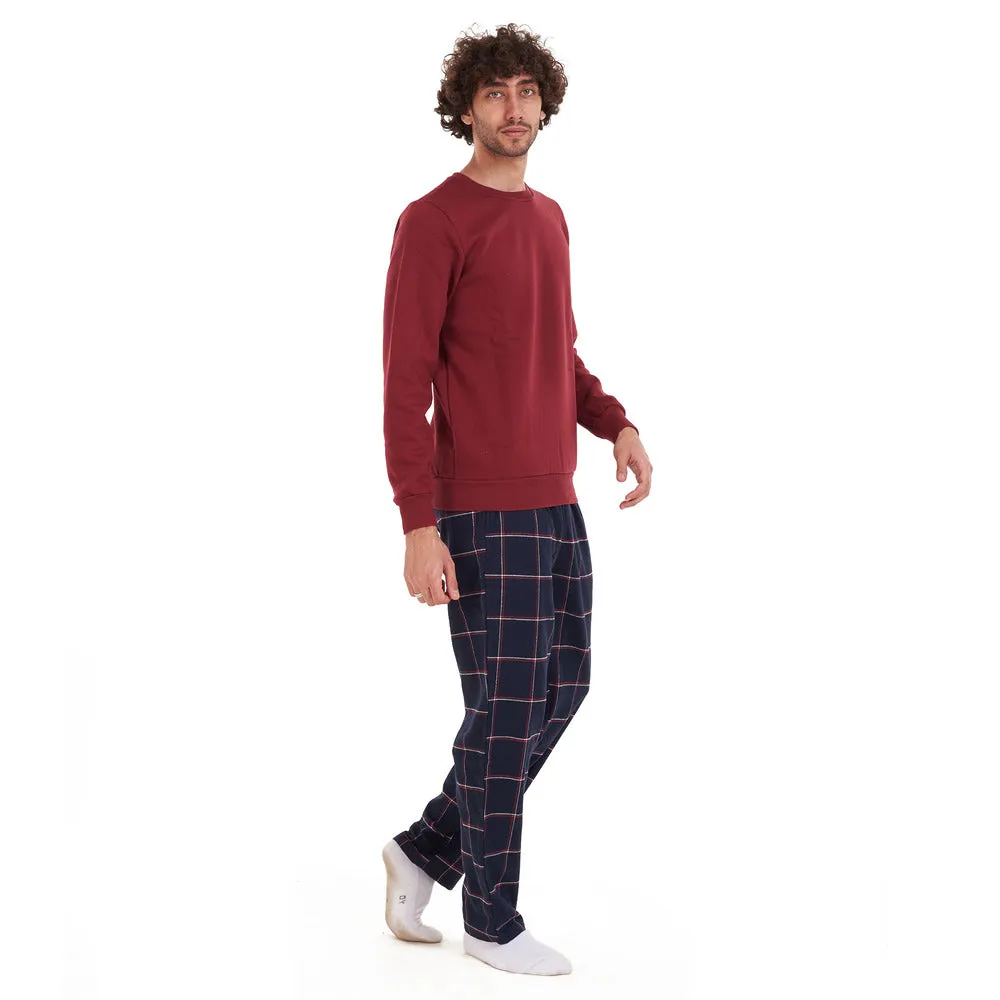 Men Winter Pajama Set Dark Red Shirt   Dark Red Checkered Pants