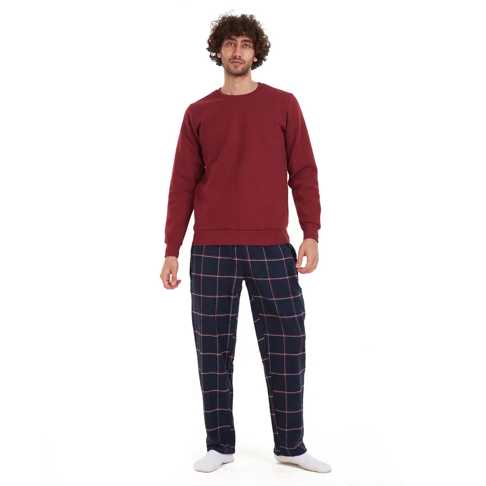 Men Winter Pajama Set Dark Red Shirt   Dark Red Checkered Pants