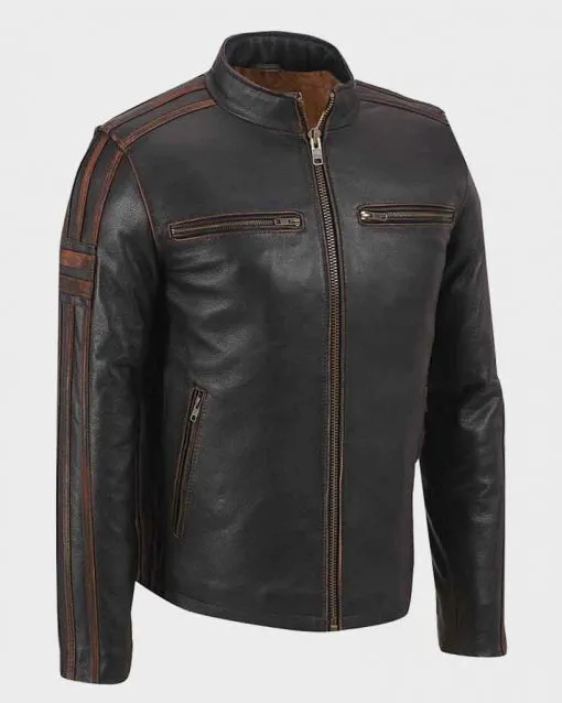 Men's Brown Stripe Café Racer Leather Jacket