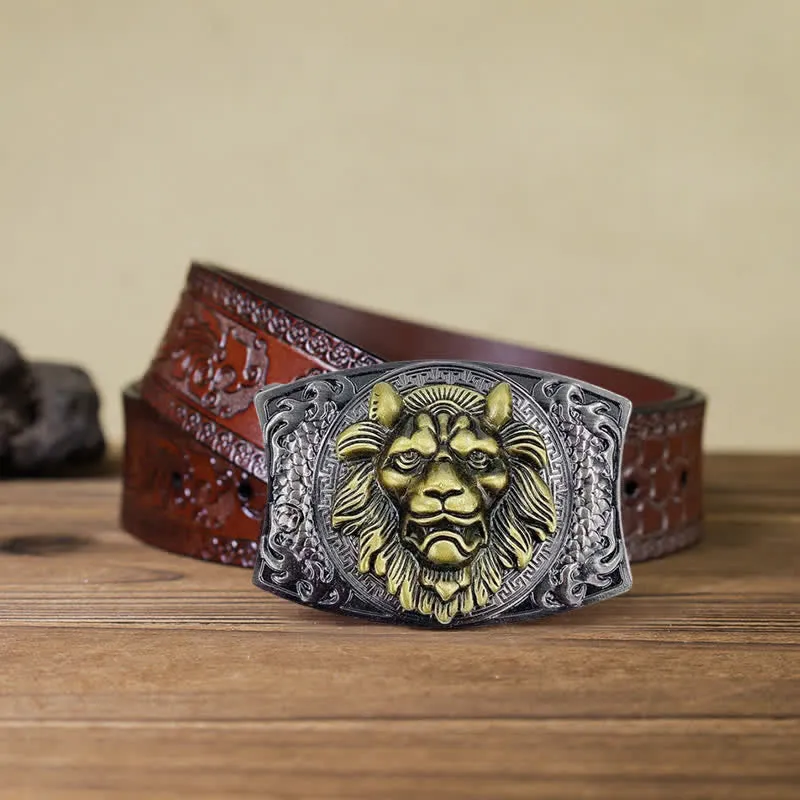 Men's DIY Gold Lion Hidden Folding Knife Leather Belt