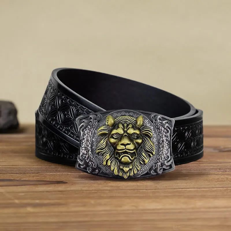 Men's DIY Gold Lion Hidden Folding Knife Leather Belt