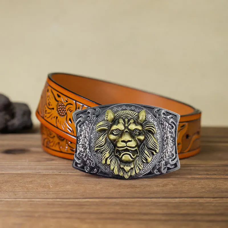 Men's DIY Gold Lion Hidden Folding Knife Leather Belt