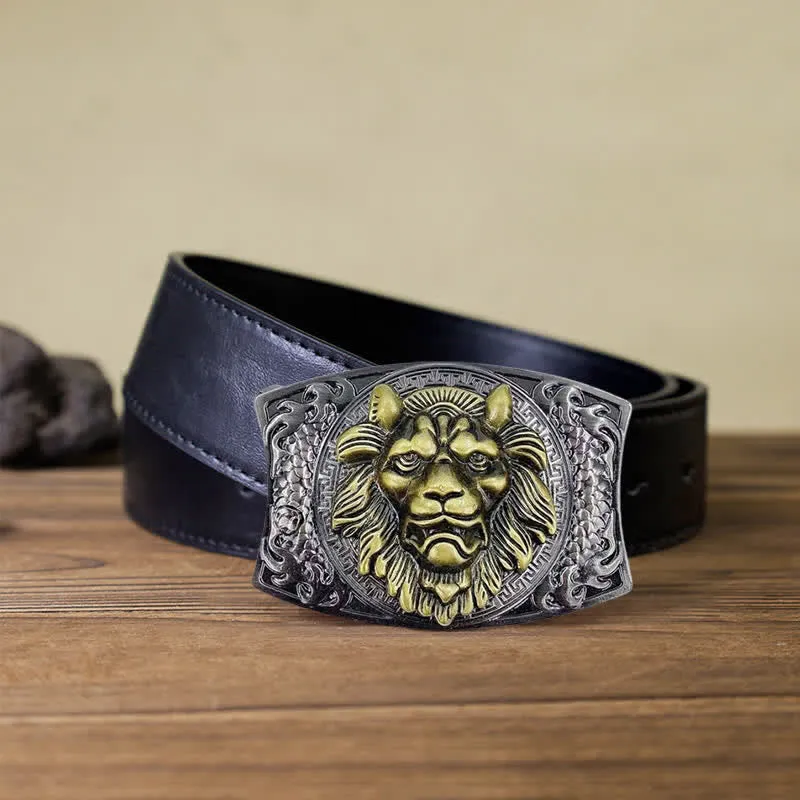 Men's DIY Gold Lion Hidden Folding Knife Leather Belt