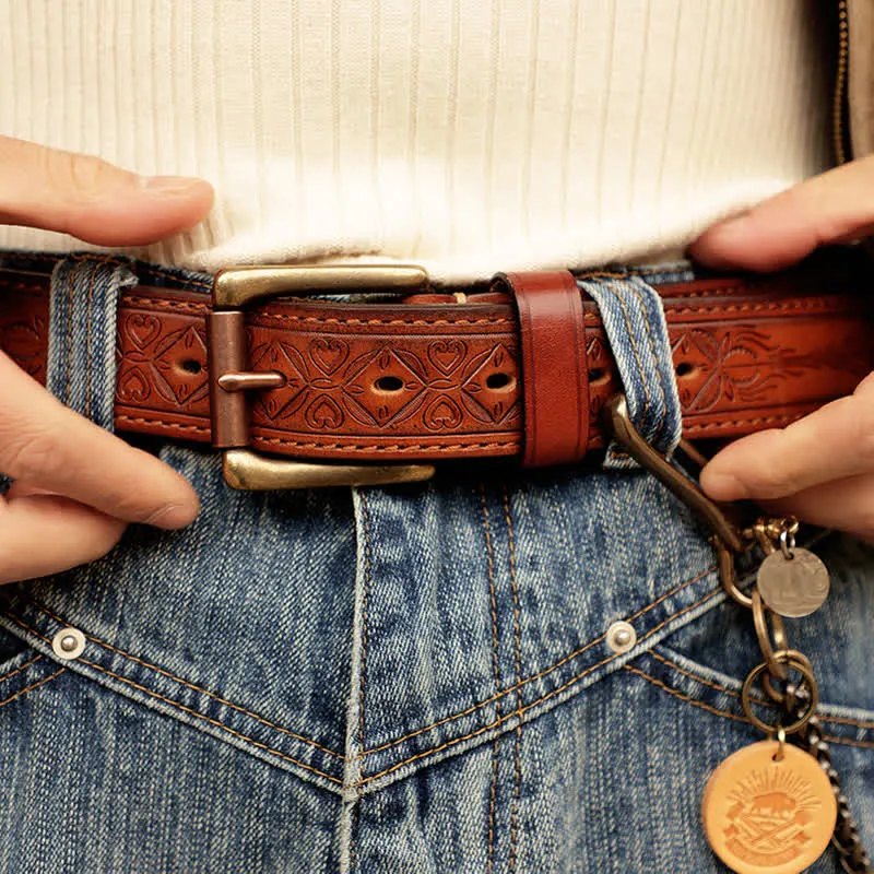 Men's Embossed Flower Leaves Engraved Leather Belt