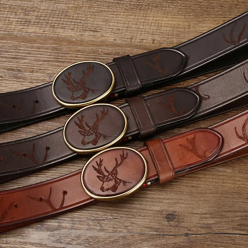 Men's Laser Engraving Deer Pattern Leather Belt