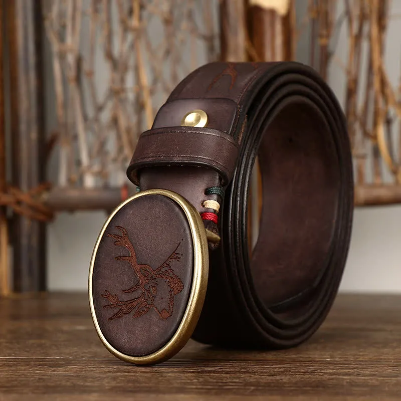 Men's Laser Engraving Deer Pattern Leather Belt