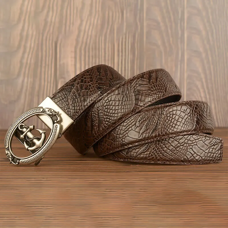 Men's Nautical Anchor Crocodile Embossed Leather Belt