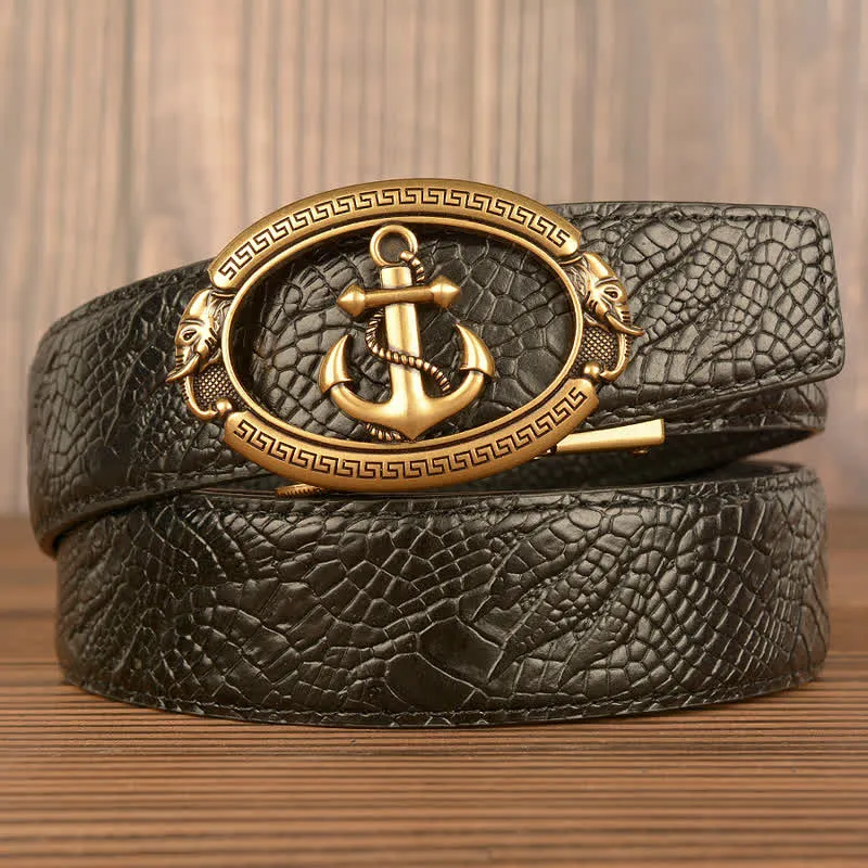 Men's Nautical Anchor Crocodile Embossed Leather Belt