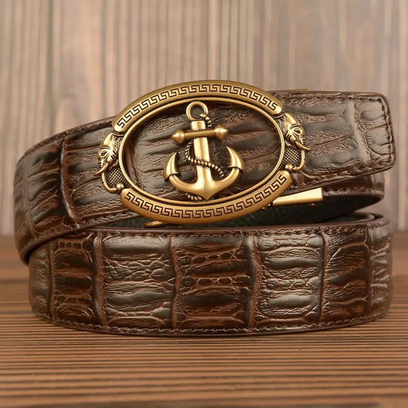 Men's Nautical Anchor Crocodile Embossed Leather Belt