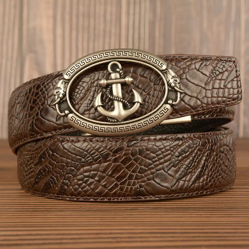 Men's Nautical Anchor Crocodile Embossed Leather Belt