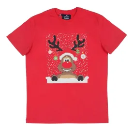 Mens Red Christmas T-Shirt With Reindeer & Baubles Print