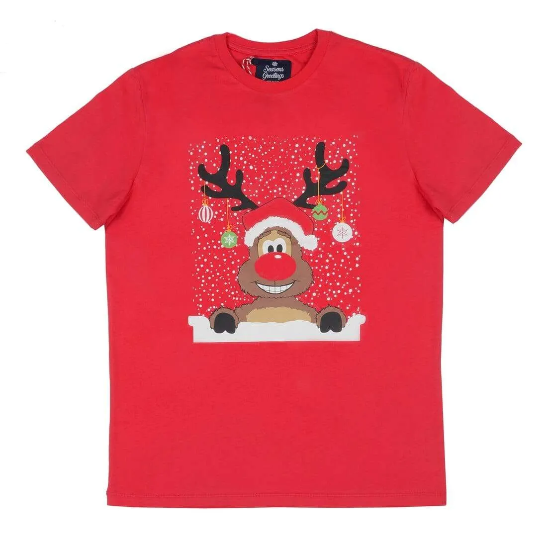 Mens Red Christmas T-Shirt With Reindeer & Baubles Print