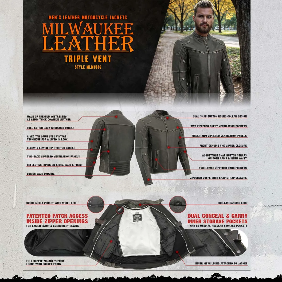 Milwaukee Leather MLM1536 Mens Vintage Distressed Grey Leather Scooter Style Motorcycle Jacket - Reflective Piping