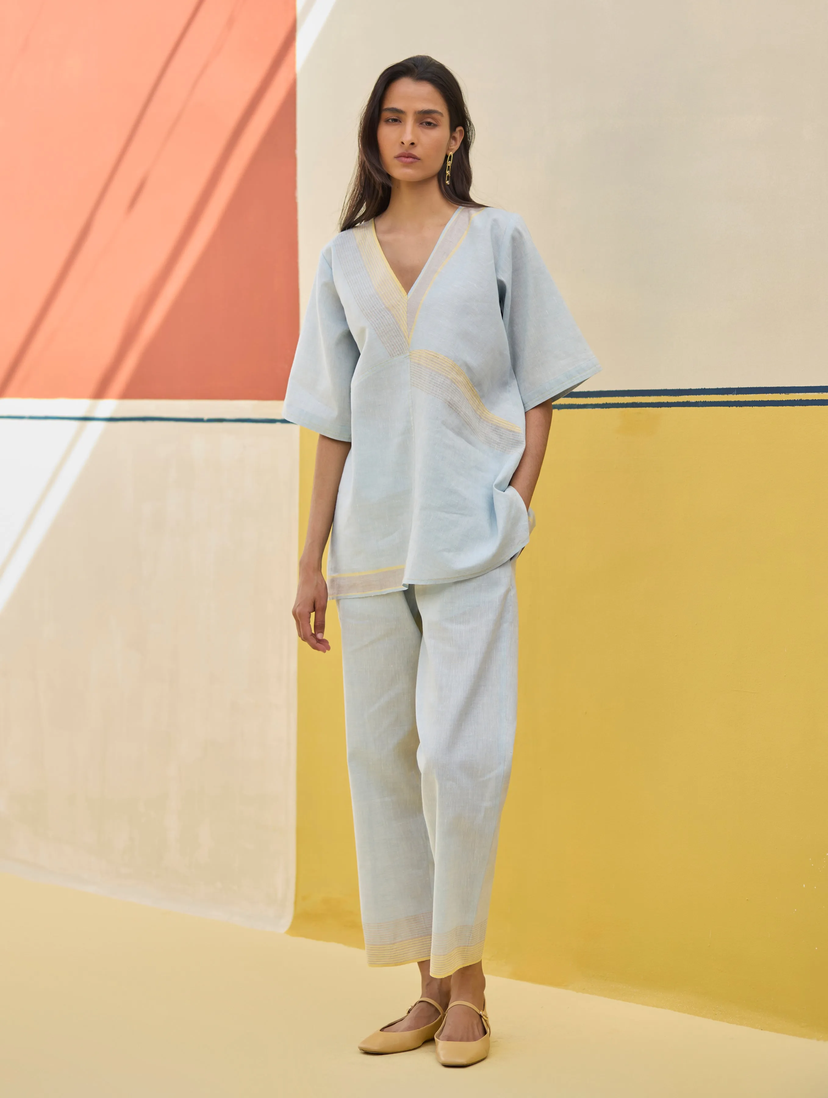 Moriko Border Linen Top - Sky