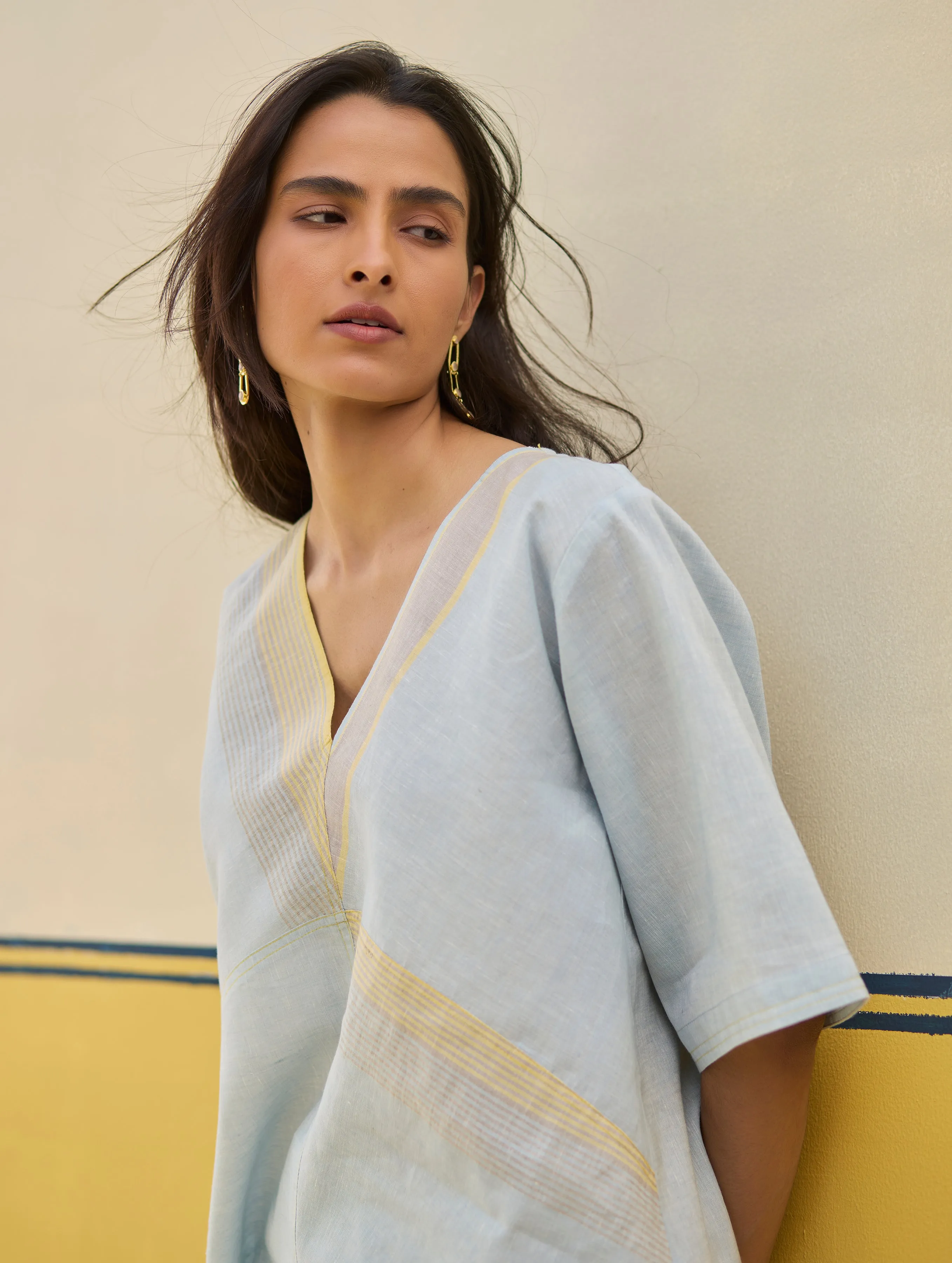 Moriko Border Linen Top - Sky