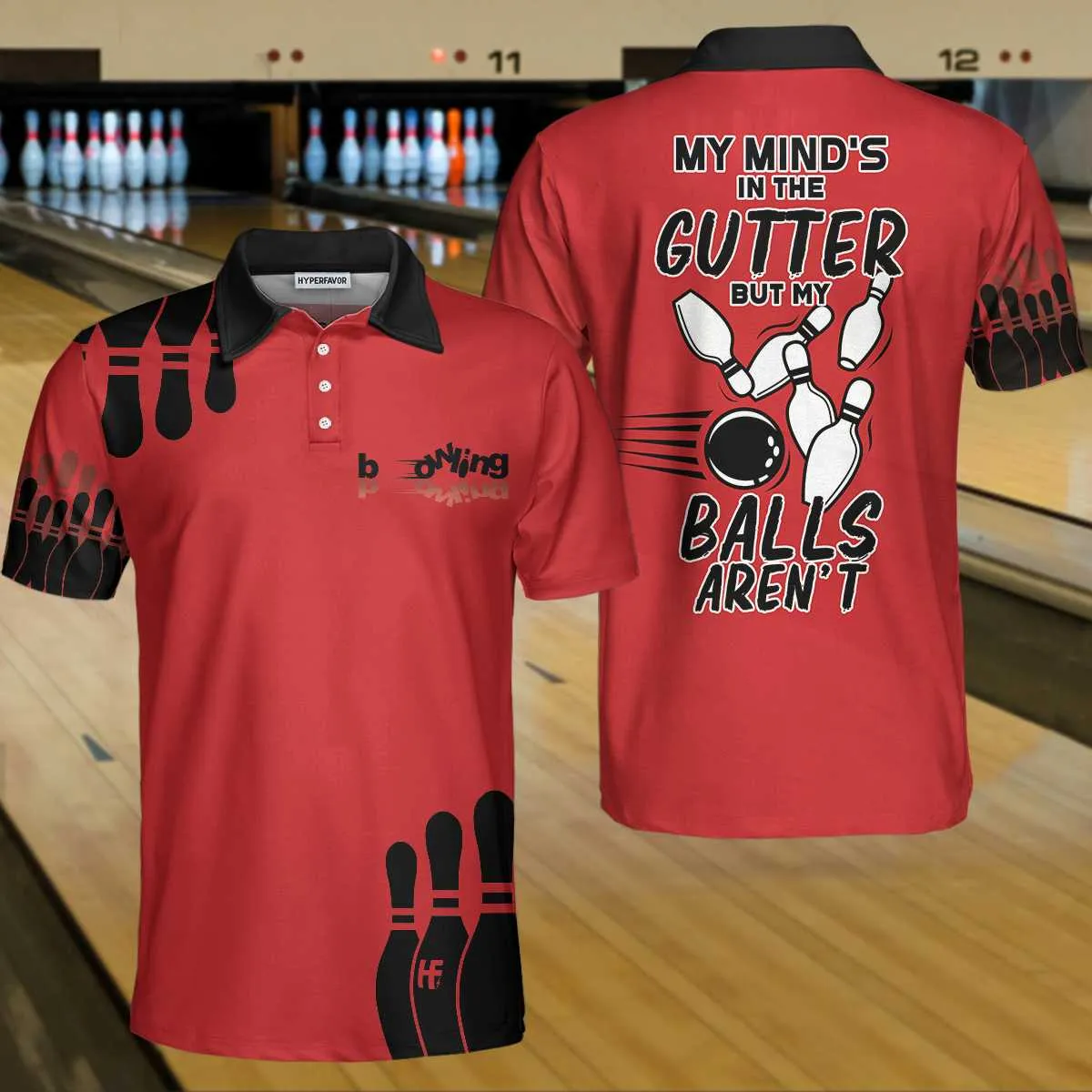 My Mind Is In The Gutter But My Balls Aren'T Bowling Polo Shirt, Funny Red And Black Bowling Polo Shirt For Men Coolspod