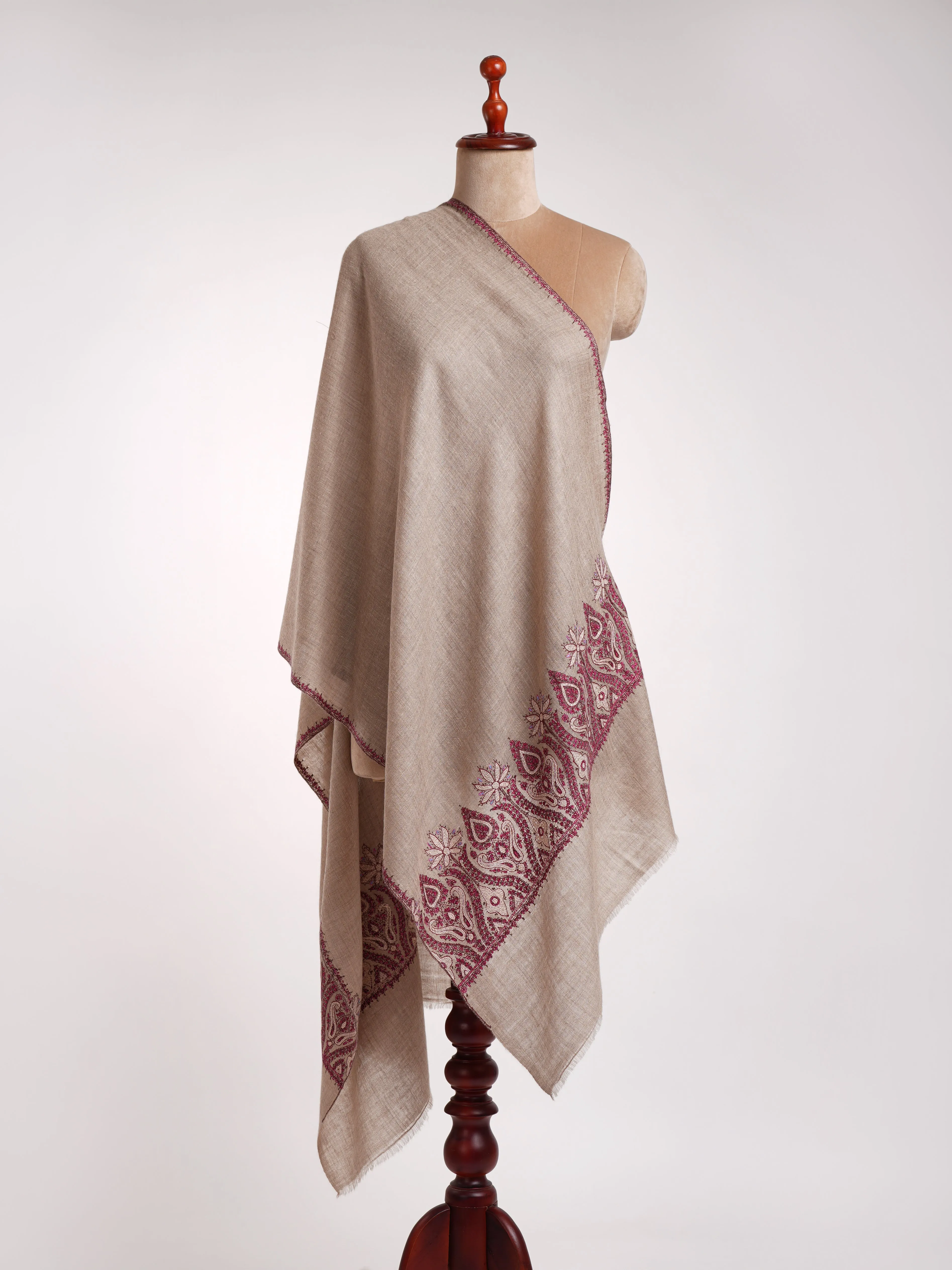 Natural Grey Artistic Sozni Embroidered Palla Cashmere Scarf