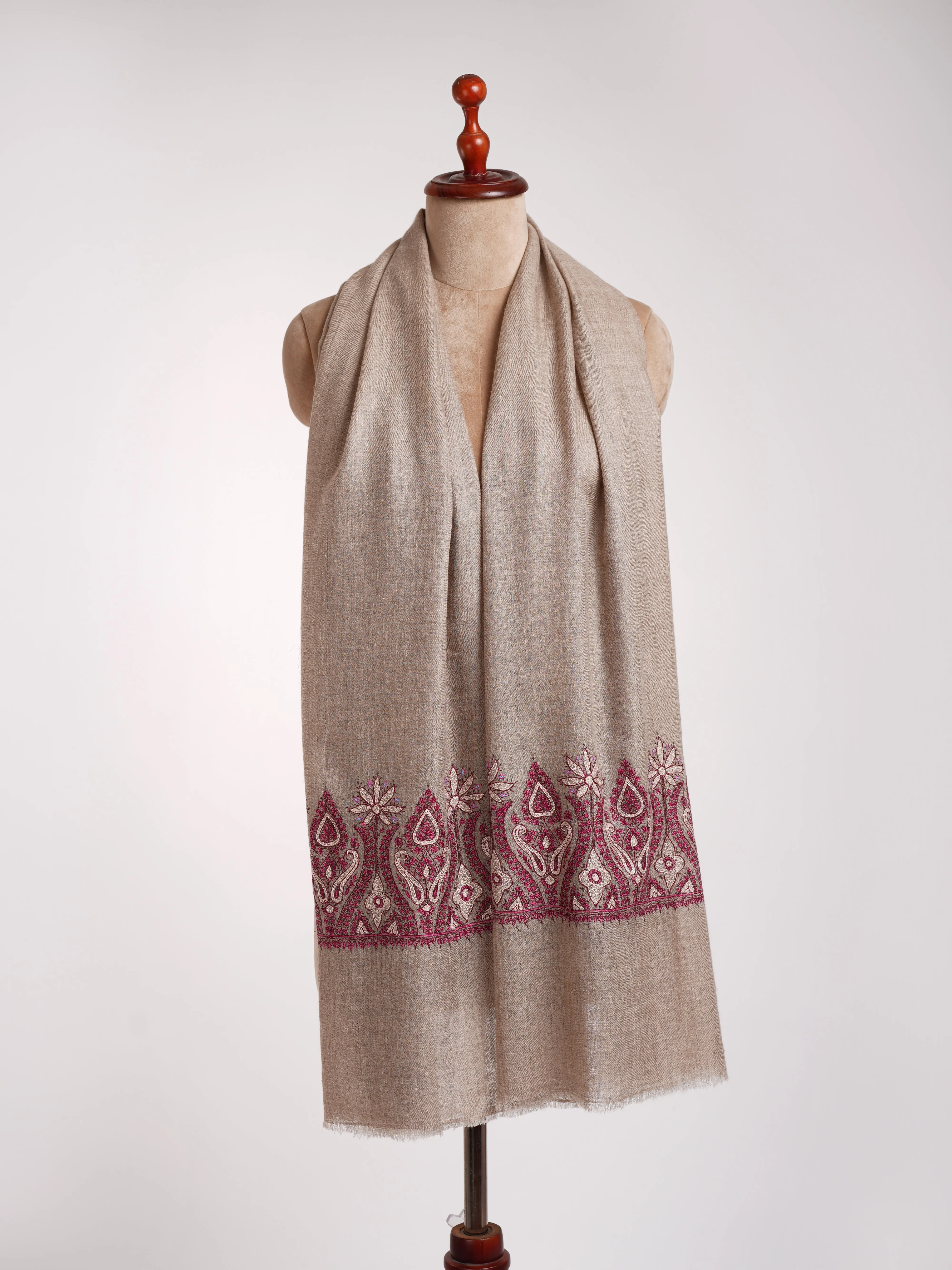 Natural Grey Artistic Sozni Embroidered Palla Cashmere Scarf