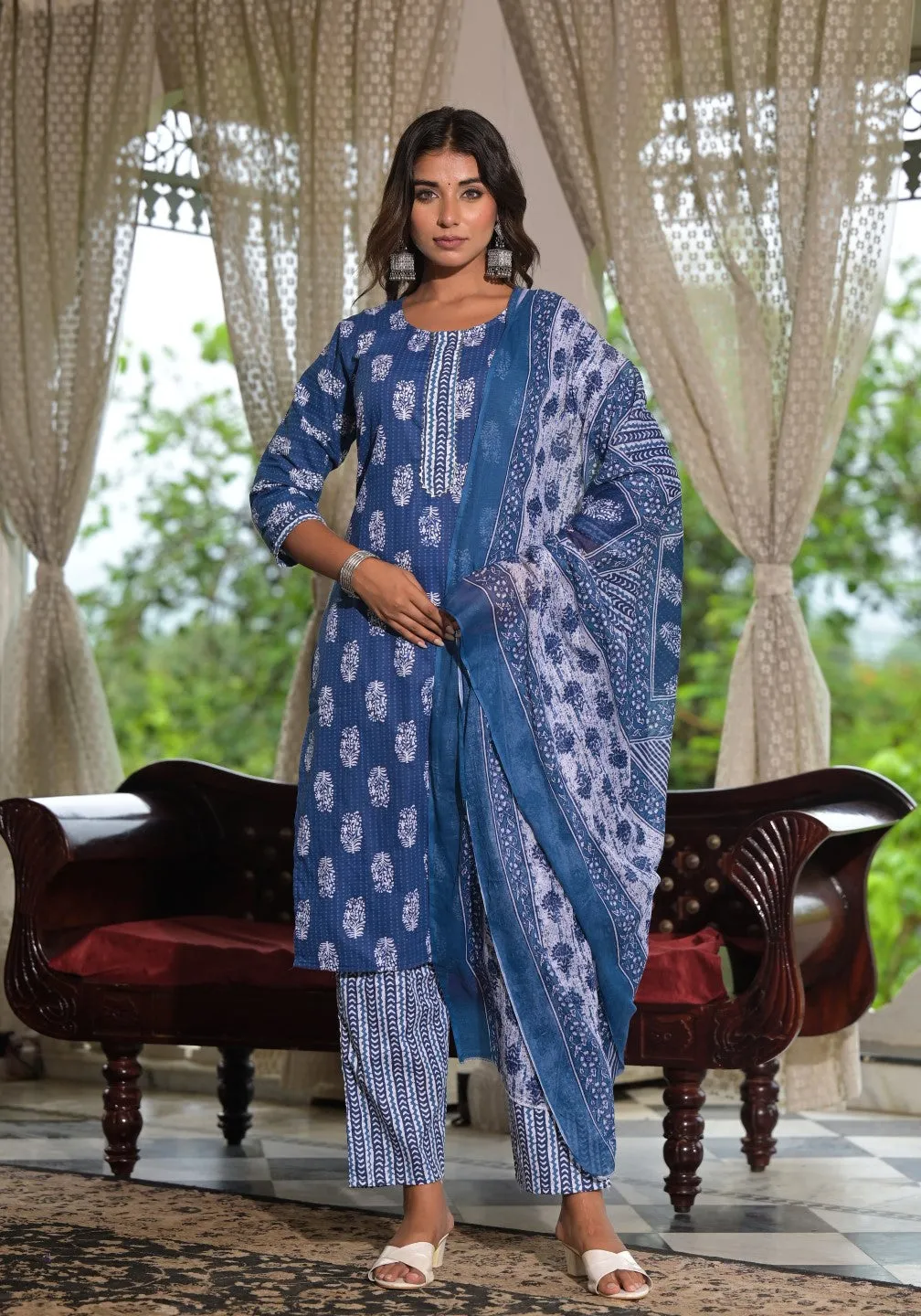 Navy Ethnic Motif Printed Cotton Kurta, Pant And Dupatta Set With Lace