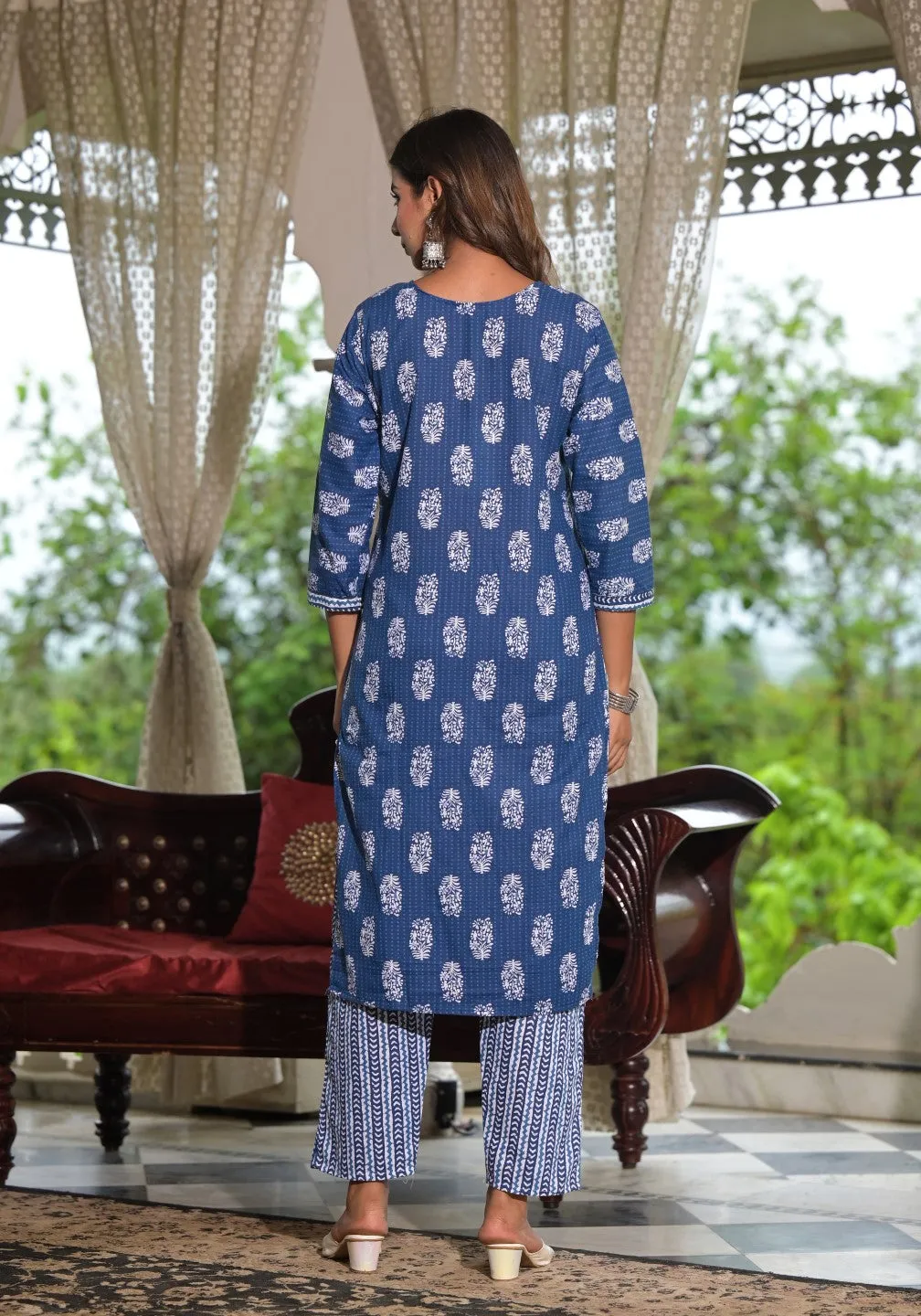 Navy Ethnic Motif Printed Cotton Kurta, Pant And Dupatta Set With Lace