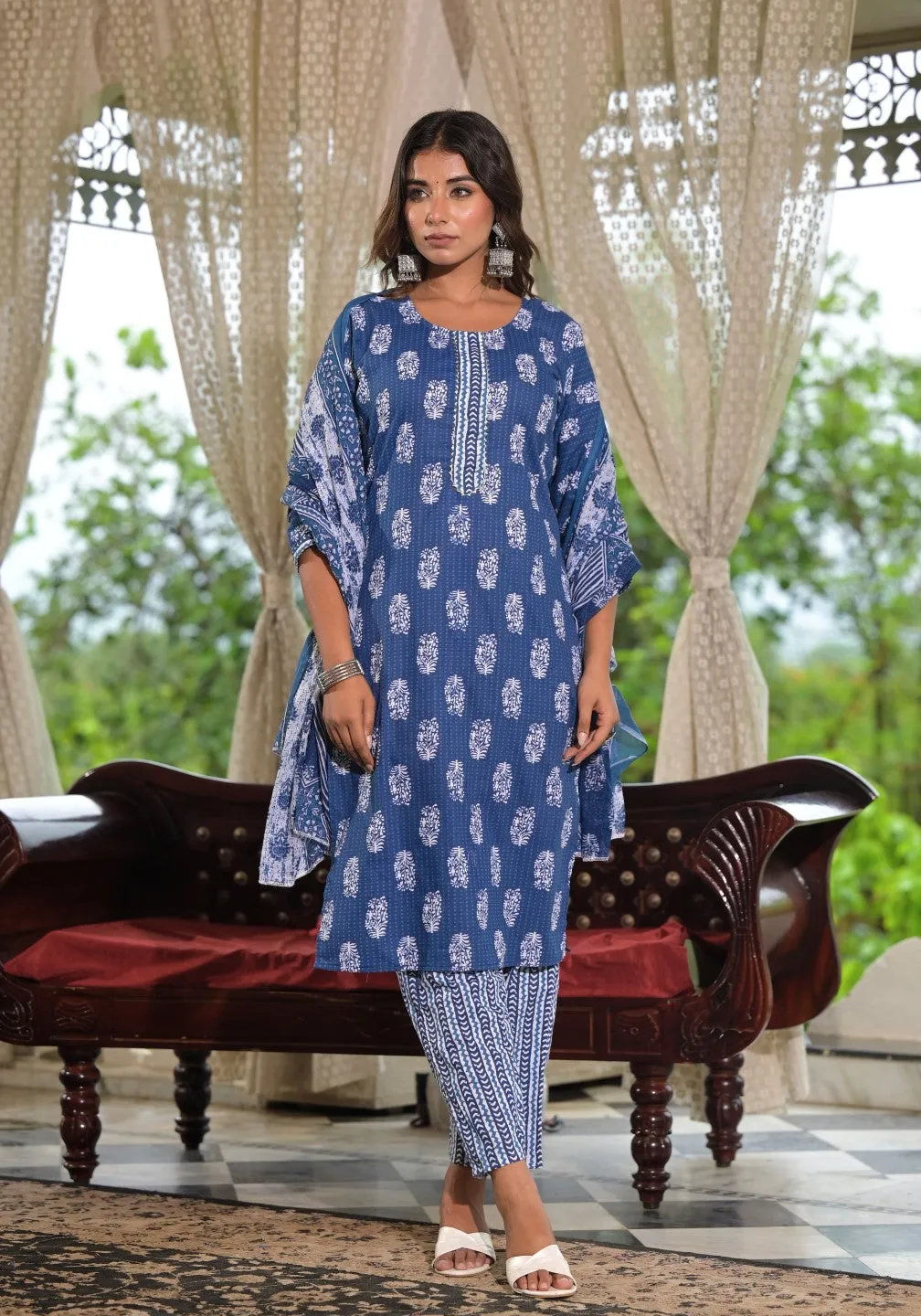 Navy Ethnic Motif Printed Cotton Kurta, Pant And Dupatta Set With Lace